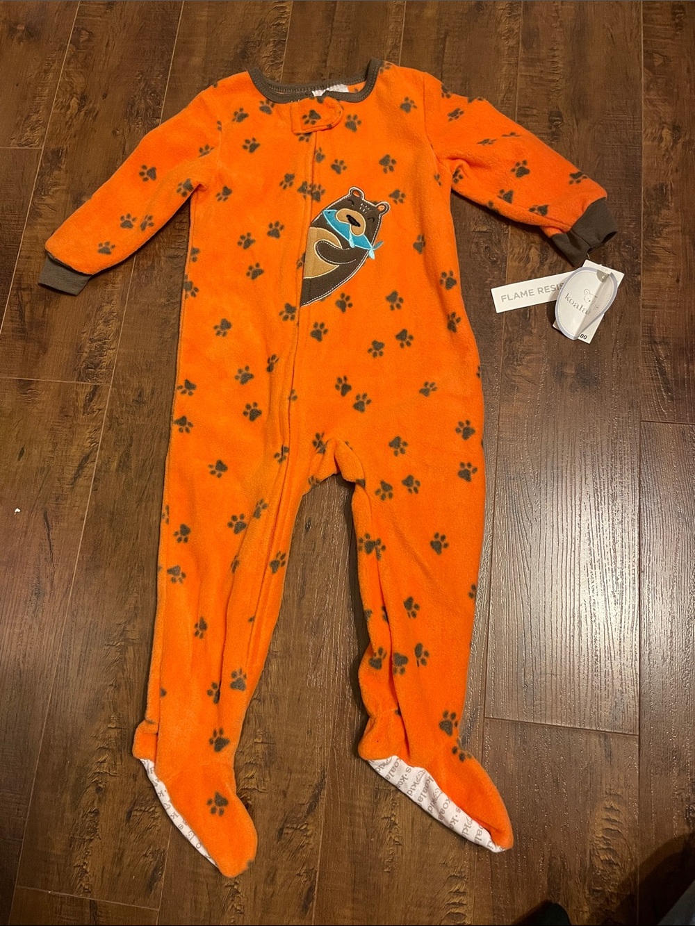 Koala Kids Orange Bear Paw-Print Footed One-Piece